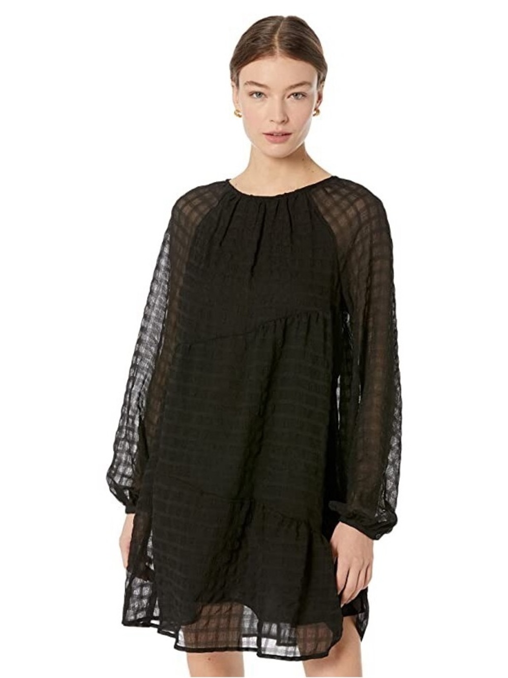 NWT Mango Black Long-Sleeve Sheer Textured Flowy Tiered Dress Size XS/2